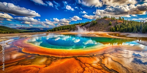 A serene thermal pool reflecting the vibrant sky, surrounded by a lush forest and a canvas of earthy tones.