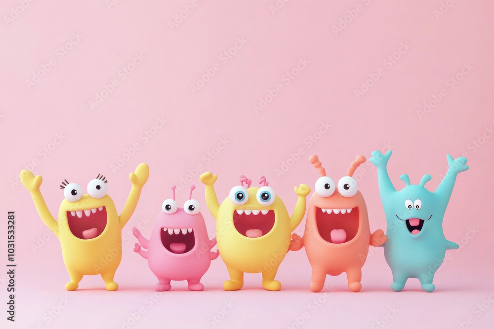 Five colorful monsters standing in a row, each with unique features and expressions, in a whimsical setting with a bright and playful background. Five colorful monsters standing in a row, each with unique features and expressions, in a whimsical setting with a bright and playful background.