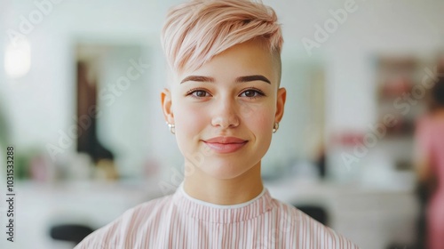 Stylish and confident young woman getting a fashionable undercut hairstyle design at a modern and well equipped beauty salon as part of a transformative personal care experience photo