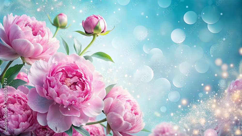 Delicate Pink Peony Blossoms with a Sparkling Blue Backdrop, a Symbol of Elegance and Freshness Delicate Pink Peony Blossoms with a Sparkling Blue Backdrop, a Symbol of Elegance and Freshness
