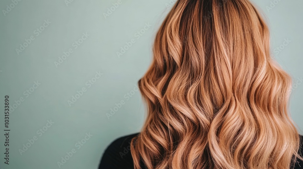 Fototapeta premium Close up of a Hairstylist Professionally Curling and Styling a Woman s Hair into Loose Wavy Curls Using a Curling Wand in an Upscale Beauty Salon Setting