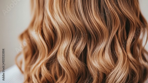 Close up of hairstylist using curling wand to style woman s hair into loose wavy curls in a professional salon setting with blurred background