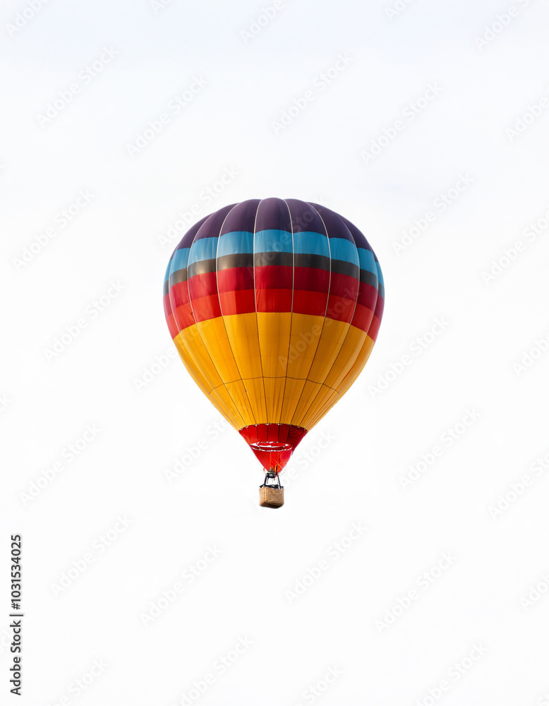 A colorful hot air balloon with a wicker basket rises against a white sky. A colorful hot air balloon with a wicker basket rises against a white sky.