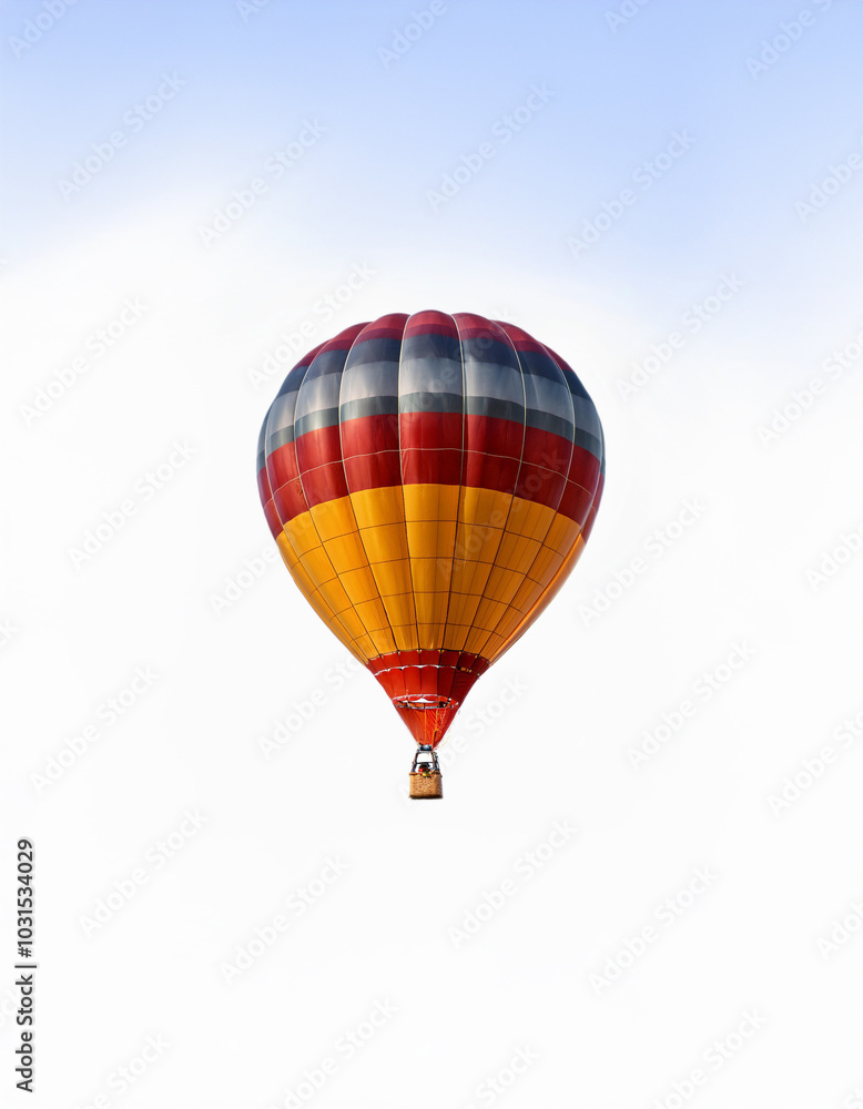 Fototapeta premium A colorful hot air balloon floats against a clear sky.