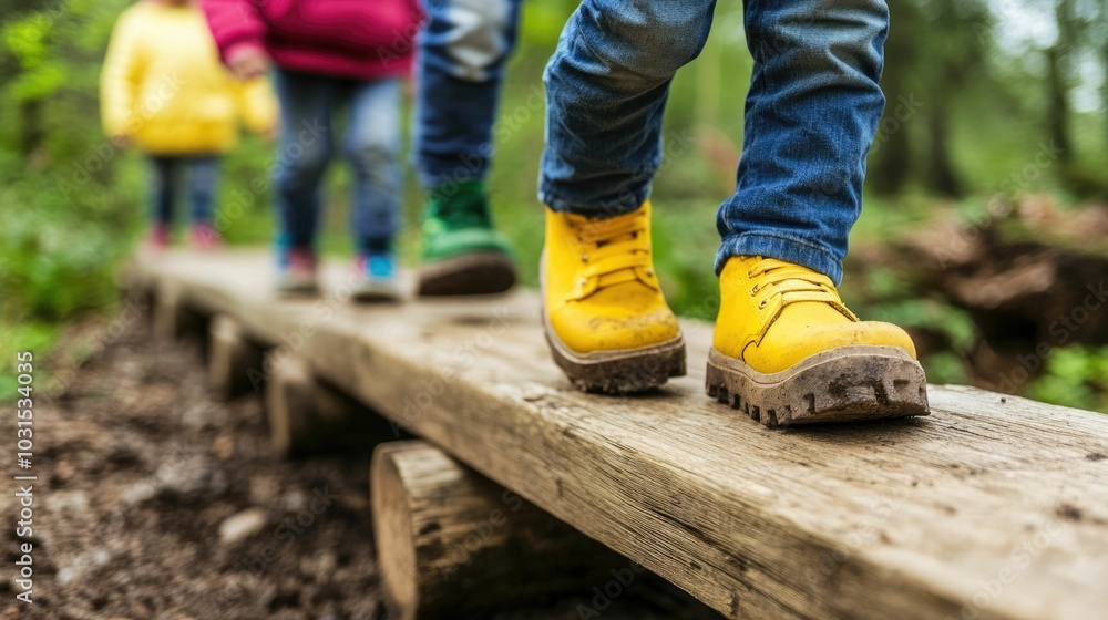 Children Balancing on Wooden Beam in Playground Exploring Adventure and Challenge of Developing Balance and Motor Skills through Outdoor Play and Testing their Limits Children Balancing on Wooden Beam in Playground Exploring Adventure and Challenge of Developing Balance and Motor Skills through Outdoor Play and Testing their Limits