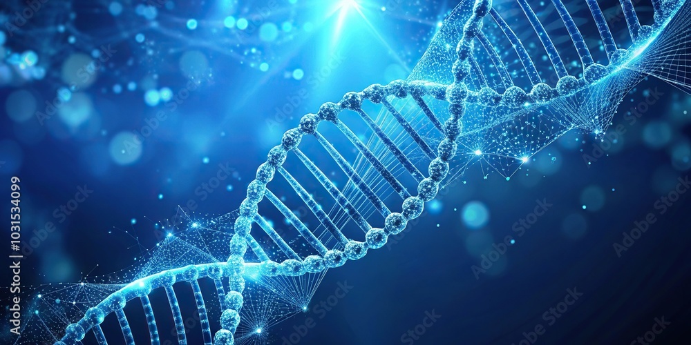 Spiraling double helix on blue backdrop with genetic code and chains Spiraling double helix on blue backdrop with genetic code and chains