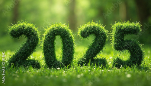 Happy new year 2025, numbers design with grass sign, sign of 2025 on nature background