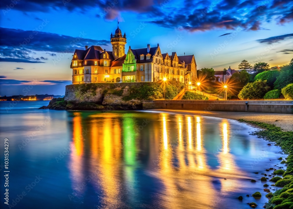 Obraz premium Night View of Palacio de la Magdalena in Santander Overlooking the Sea