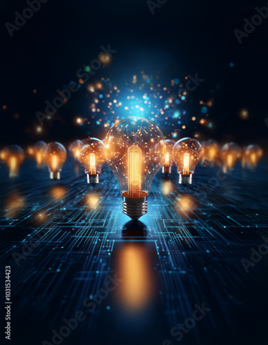 A glowing lightbulb with a web-like structure in the center of a row of lightbulbs, on a circuit board with blue light, and a blurred background of blue and yellow bokeh. photo