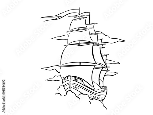 Vintage wooden ship with sails. Navigation sketch vector illustration.
Line art illustration of sailing ship at sea isolated white background. Ship, sailboat. Black and white illustration.