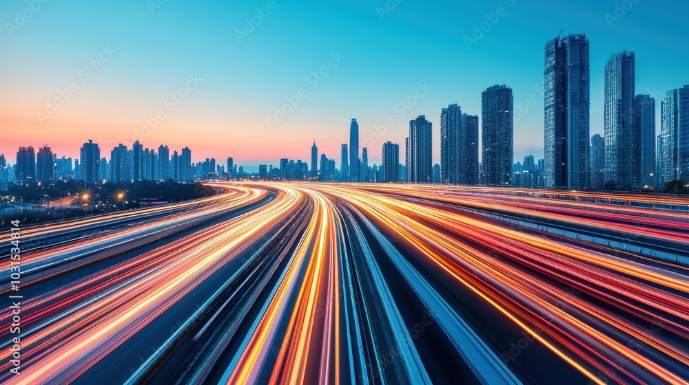 Obraz premium A vibrant city skyline at twilight, showcasing busy highways with illuminating light trails against a backdrop of skyscrapers.