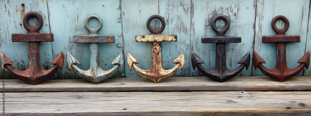 Obraz premium Nautical Anchors on Rustic Dock, a harmonious display of identical anchors lining a weathered wooden pier, evoking coastal charm and adventure