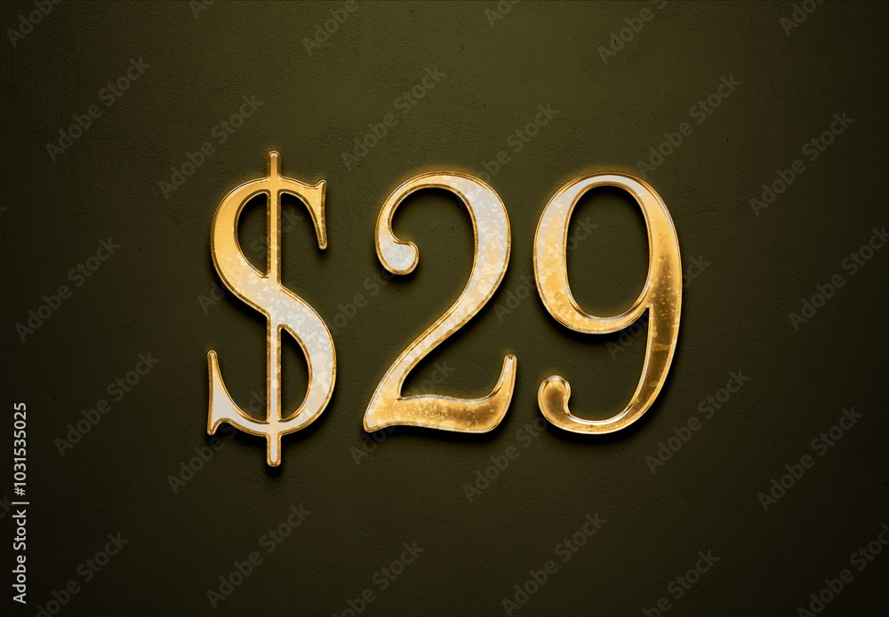 Old gold effect of 29 dollars with 3D glossy style Mockup. Old gold effect of 29 dollars with 3D glossy style Mockup.
