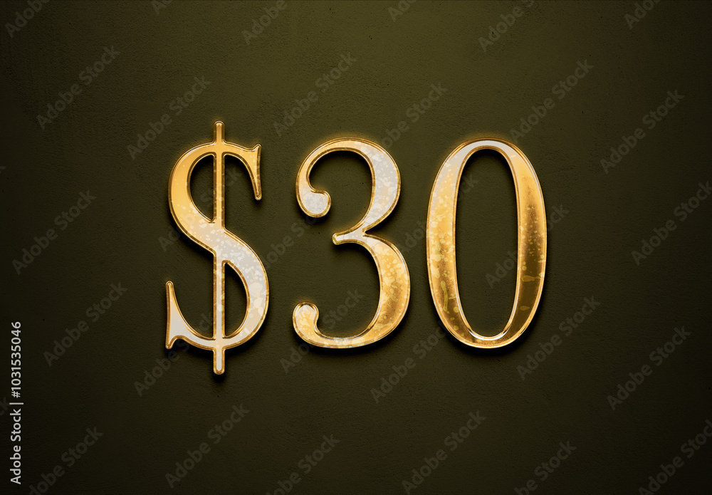 Old gold effect of 30 dollars with 3D glossy style Mockup. Old gold effect of 30 dollars with 3D glossy style Mockup.