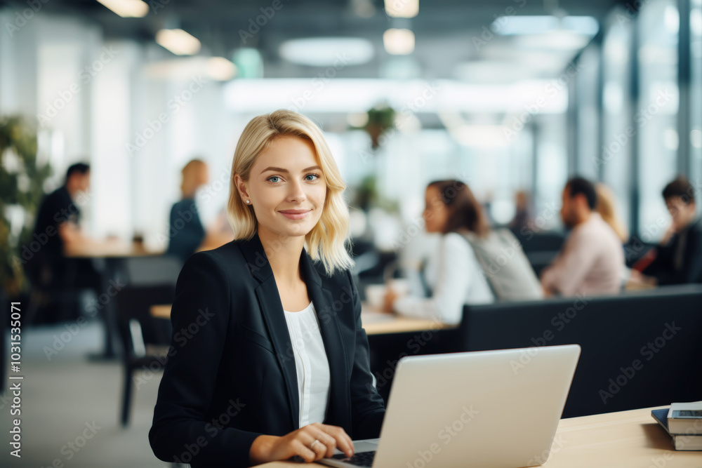 The blonde businesswoman in a professional black suit, smiling as she sits with a laptop The blonde businesswoman in a professional black suit, smiling as she sits with a laptop