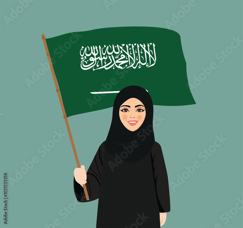 Arabic girl from Saudi Arabia holding flag of KSA