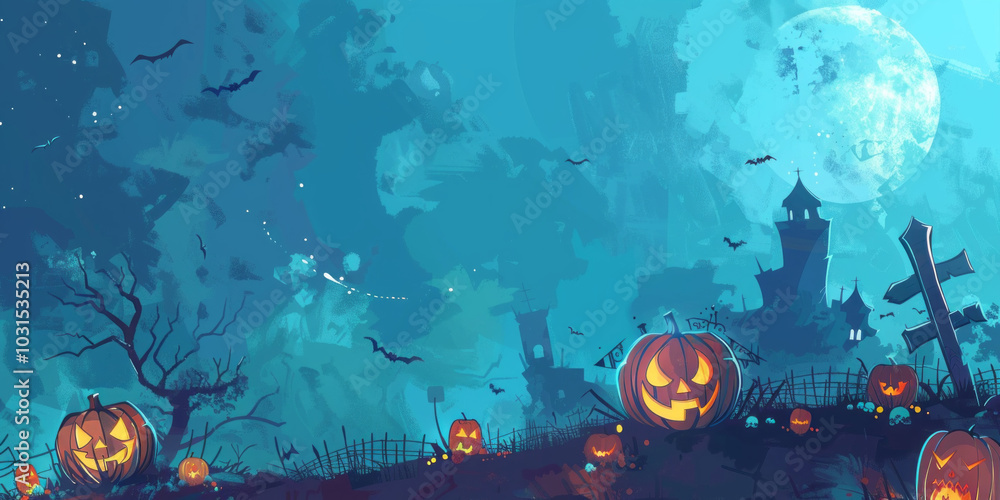 Obraz premium Grunge Halloween scene with pumpkins and spooky decorations,Generated By Ai