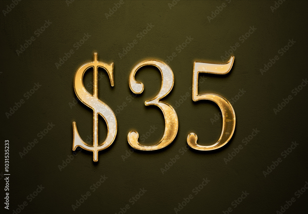 Old gold effect of 35 dollars with 3D glossy style Mockup. Old gold effect of 35 dollars with 3D glossy style Mockup.