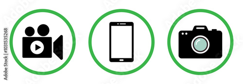 Allowed videography, cell phone and camera sign symbol isolated on a white background. Prohibited allowed vector sign icon symbol set in green circle. vector illustration. Flat design.