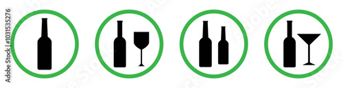Alcohol allowed sign symbols. Drink alcohol in this area sign. Alcohol permission signs isolated set. Prohibited icons of drink alcohol. Set of silhouette alcohol beer sign symbol in green circles.
