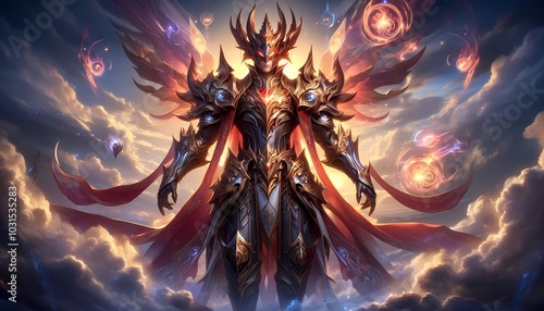 character with a majestic and powerful stance, featuring elaborate armor with glowing accents, set against a dramatic sky backdrop that conveys a sense of epic fantasy