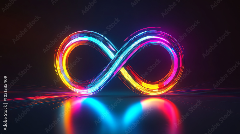 Colorful infinity symbol glowing in vibrant neon lights against a dark background, showcasing creativity and endless possibilities. Colorful infinity symbol glowing in vibrant neon lights against a dark background, showcasing creativity and endless possibilities.