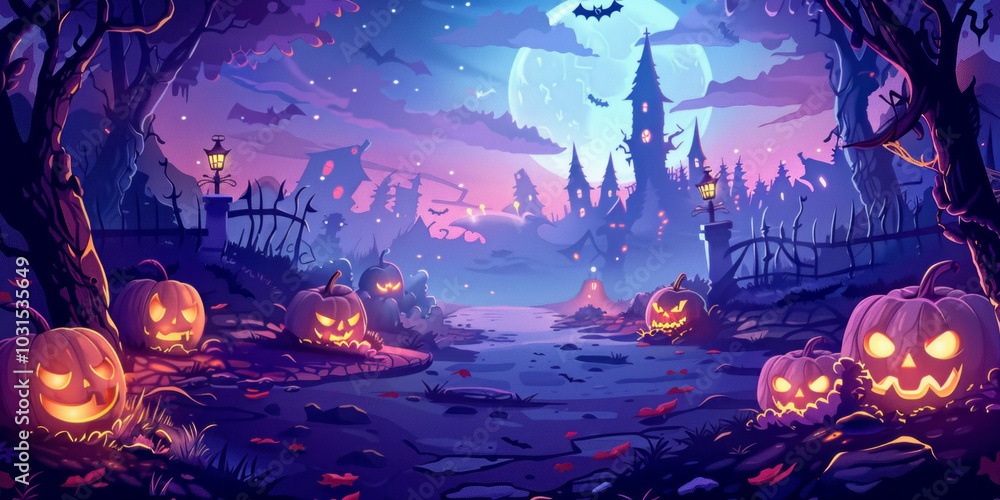 Obraz premium Halloween Night Silhouette with Haunted Castle and Pumpkins under a Full Moon,Generated By Ai