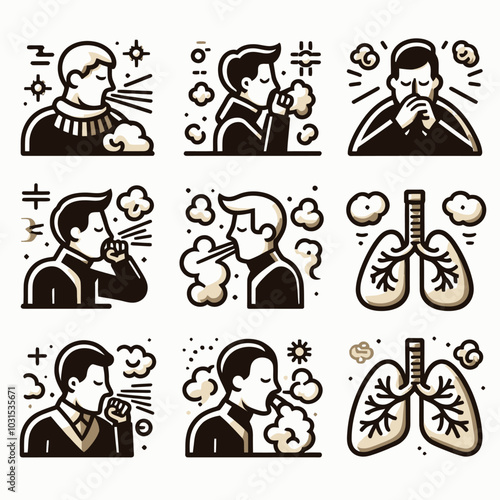 coughing in smog icon set