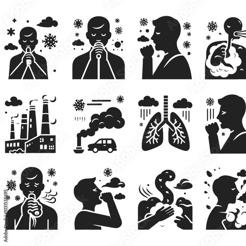 coughing in smog icon set