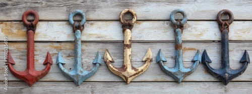 Identical anchors aligned on a weathered wooden dock, evoking a nautical charm and rustic ambiance. photo