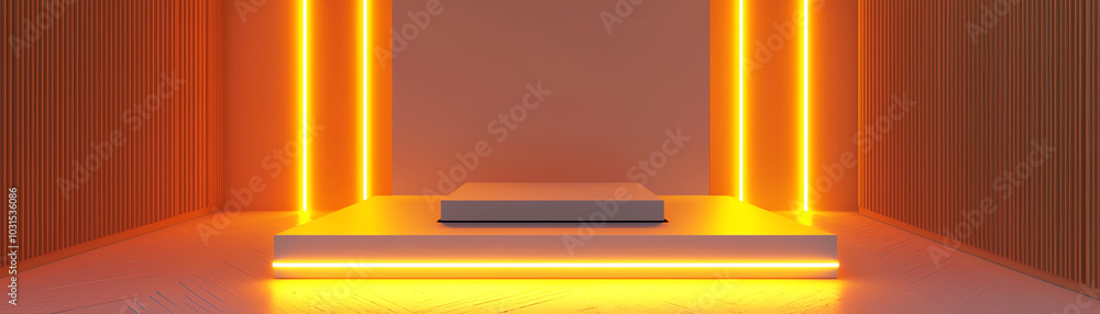 Square podium stand, minimal style, neon orange lighting Square podium stand, minimal style, neon orange lighting