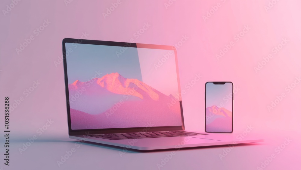 mockup of black laptop with gradient mountain screen and phone on pink background mockup of black laptop with gradient mountain screen and phone on pink background