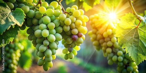 Sunlit clusters of ripe grapes hanging on a vine, bathed in golden light, a testament to the natural bounty of the season.