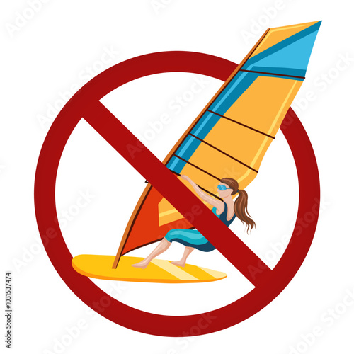 Vector forbidden sign with windsurfing isolated from background. Surfing in the sea is prohibited. Danger of swimming in the sea. Adrenaline activities in ban