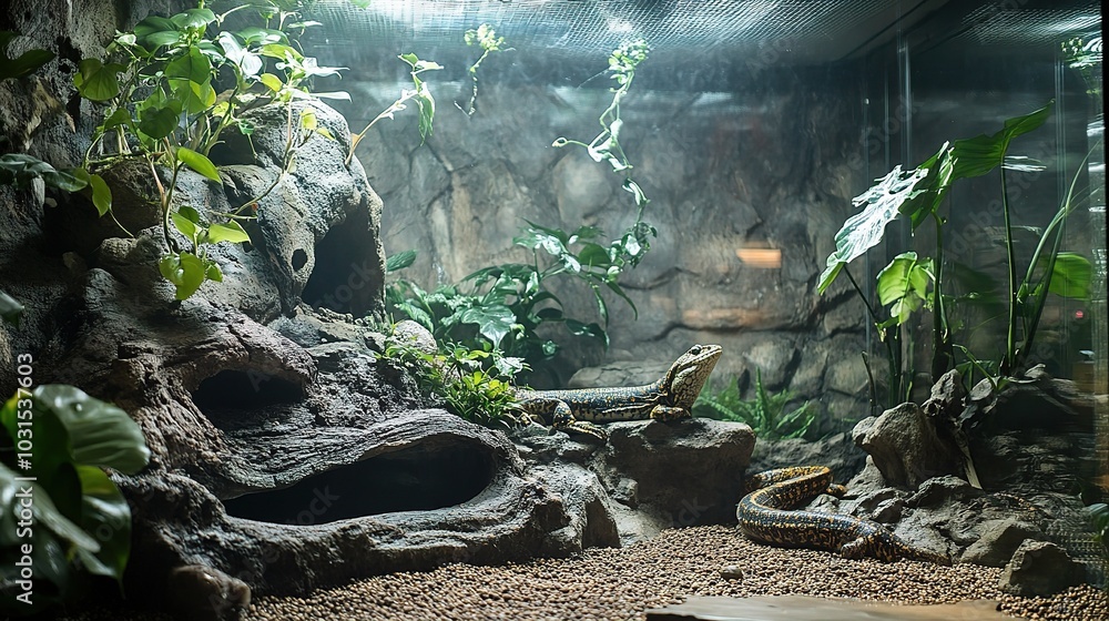 Obraz premium Serene Reptile Habitat with Lush Greenery and Rocks