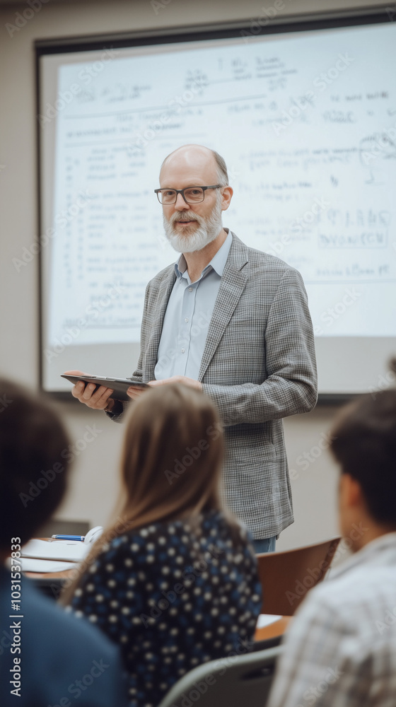 Senior professor giving a lecture with students in classroom looking at a digital tablet Senior professor giving a lecture with students in classroom looking at a digital tablet
