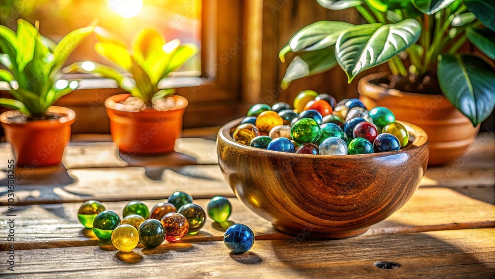 A wooden bowl overflowing with colorful glass marbles resting on a weathered wooden surface bathed in warm, golden sunlight. A wooden bowl overflowing with colorful glass marbles resting on a weathered wooden surface bathed in warm, golden sunlight.