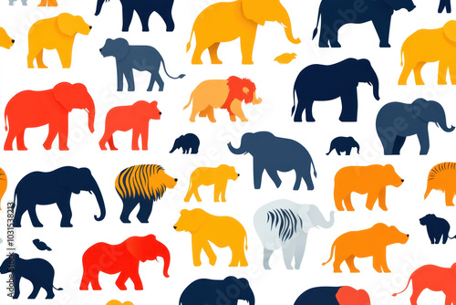 Elephants and zebras in a striking pattern, blending their distinctive shapes and stripes in perfect harmony.