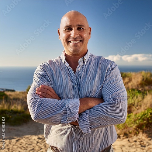 Un hombre calvo, de aproximadamente 40 años, con una sonrisa amplia y una expresión de confianza. Está al aire libre, en un parque verde y soleado, con el cielo azul de fondo.