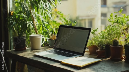 Minimalist workspace with a laptop, notebook, coffee cup, and green plants on a rough concrete surface, creating a cozy and productive vibe.