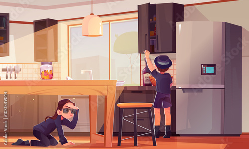 Kid detective spy in kitchen room for secret. Child agent open cupboard at home. Girl in sunglasses under table investigate or search something concept illustration. Sunlight from window in apartment