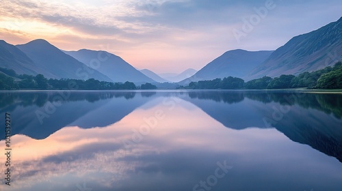 Serene Lake Reflection at Dawn in Mountain Landscape