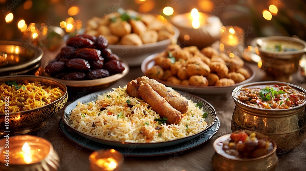 Table filled with traditional iftar cuisines glowing with soft lights during Ramadan featuring dates samosas and biryani in a festive setup perfect for Eid or Ramadan Kareem celebration Table filled with traditional iftar cuisines glowing with soft lights during Ramadan featuring dates samosas and biryani in a festive setup perfect for Eid or Ramadan Kareem celebration