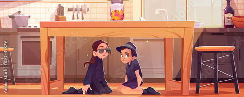 Kid detective under kitchen table sitting and spy for secret in house room. Children talking together on floor about investigation vector scene. Stool, stove and pot kitchenware design illustration