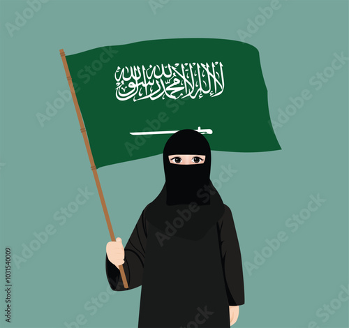 Arabic girl from Saudi Arabia holding flag of KSA