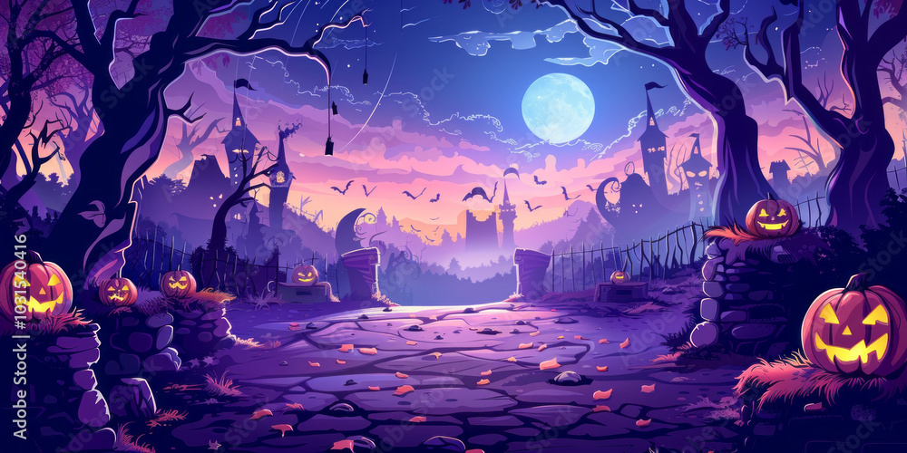 Obraz premium Halloween Night Silhouette with Haunted Castle and Pumpkins under a Full Moon,Generated By Ai