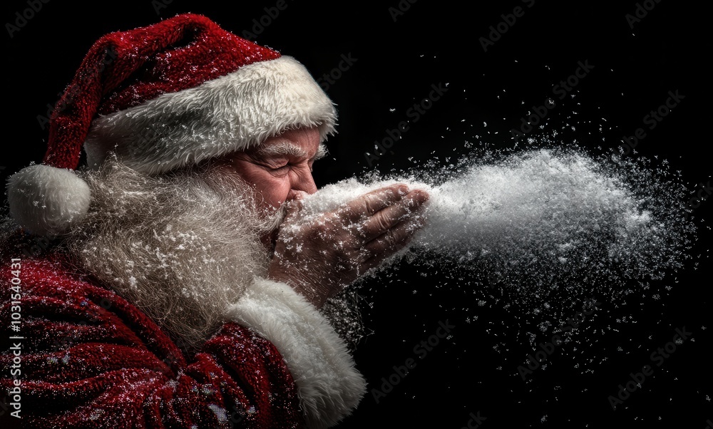 Magical image of Santa Claus blowing snow dust with Christmas spirit Magical image of Santa Claus blowing snow dust with Christmas spirit