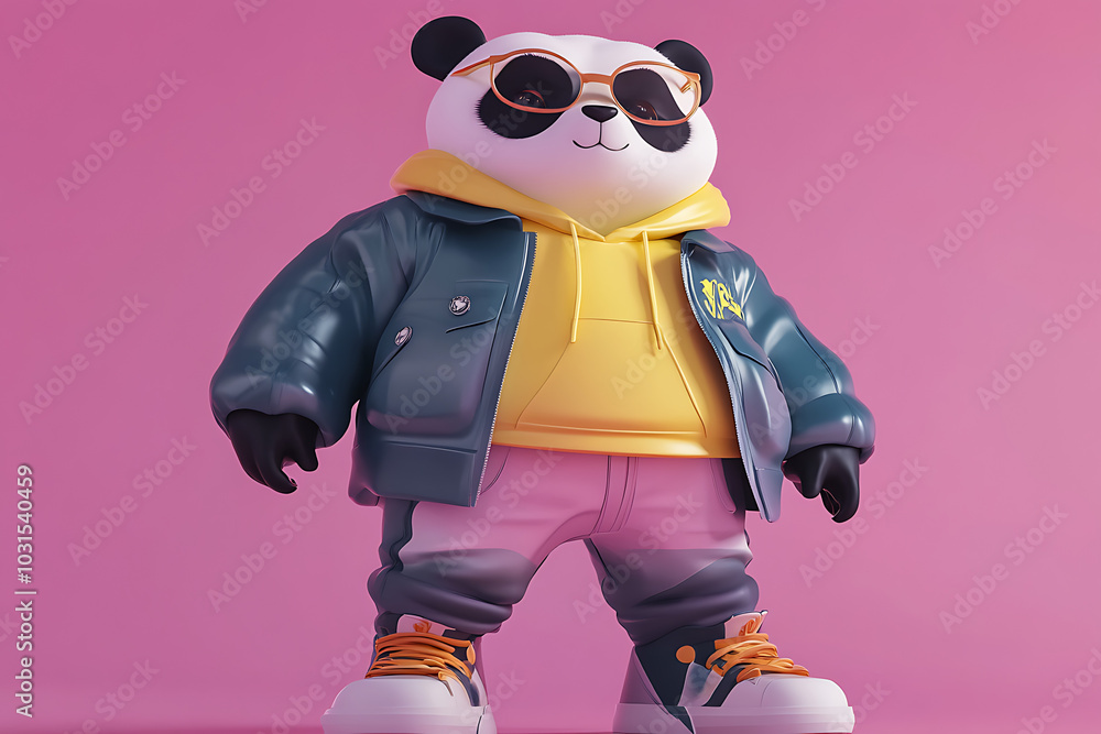 A stylish cartoon panda character wearing trendy clothing against a pink background. A stylish cartoon panda character wearing trendy clothing against a pink background.