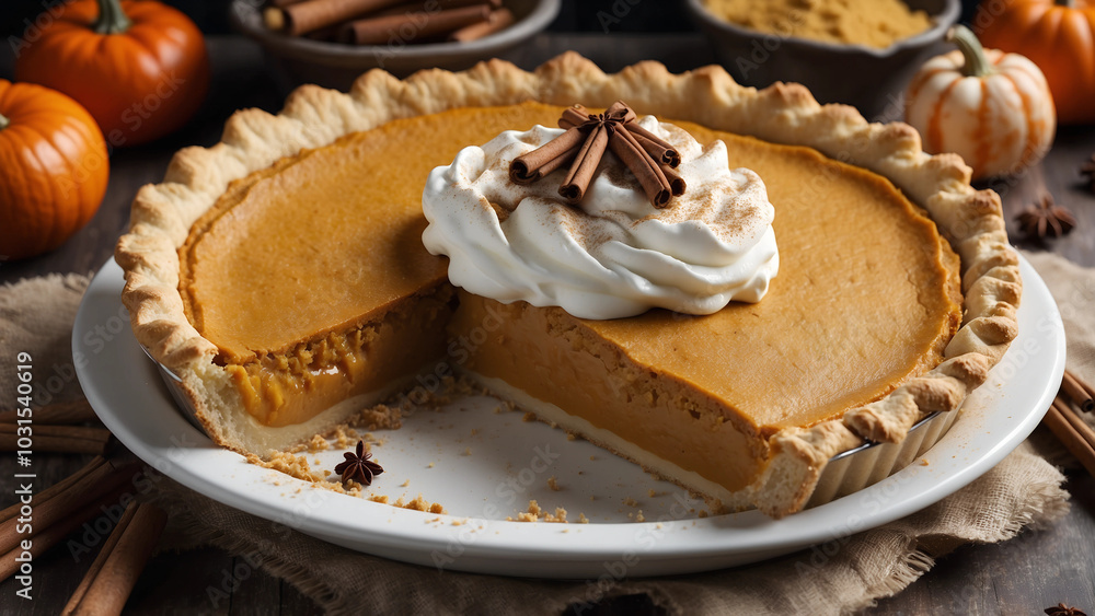 Delicious pumpkin pie with whipped cream and spices for Thanksgiving dessert concept Delicious pumpkin pie with whipped cream and spices for Thanksgiving dessert concept