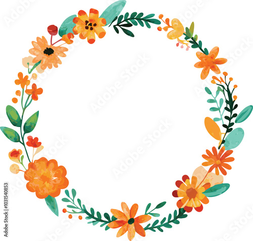 Orange And Green Floral Wreath Watercolor